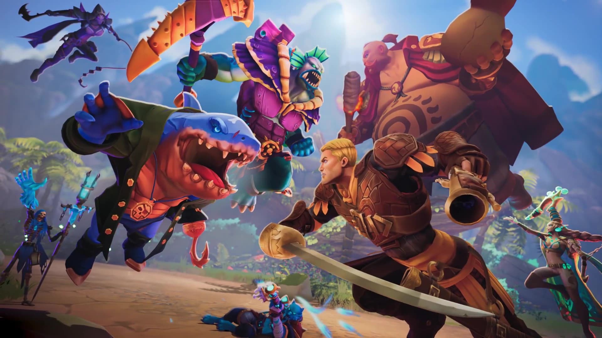 Golden Tides characters in air ready to fight.